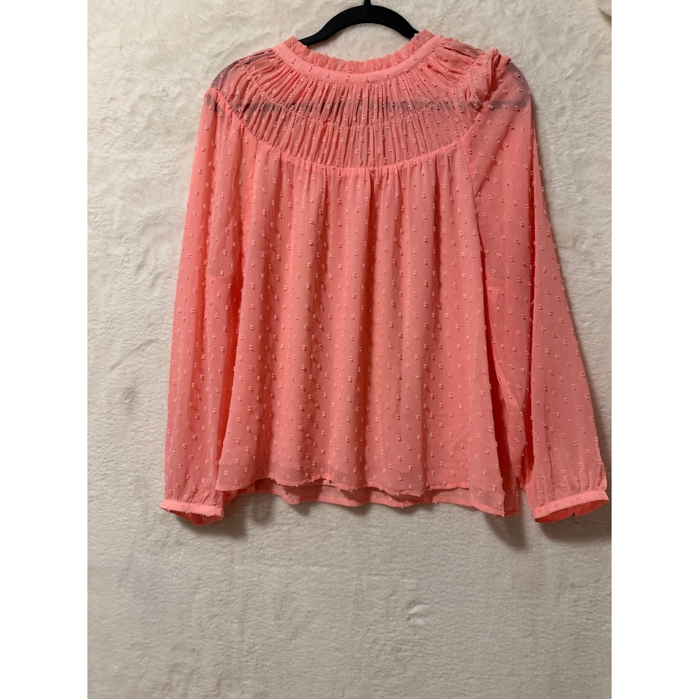 J.Crew XL Pink Clip Dot Pleated Smocked Neck Blouse Long Sleeve Chiffon Top